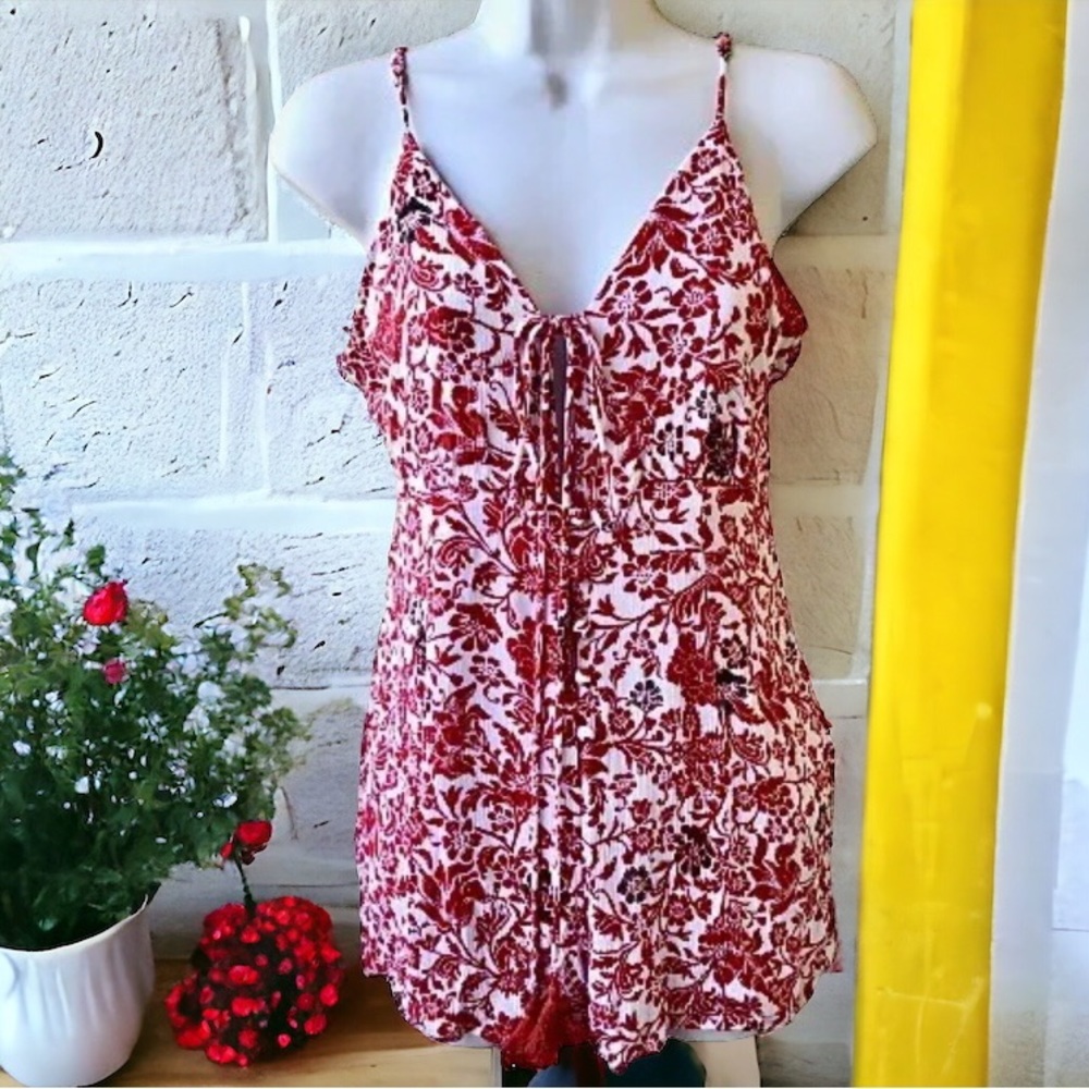 HONEY BELLE Red Spaghetti Strap Romper Fully Lined Tassels Womens Medium